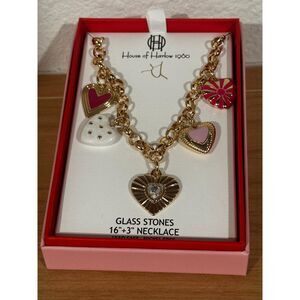 House of Harlow 1960 Glass Stones Necklace with Valentine Heart Charms NIB